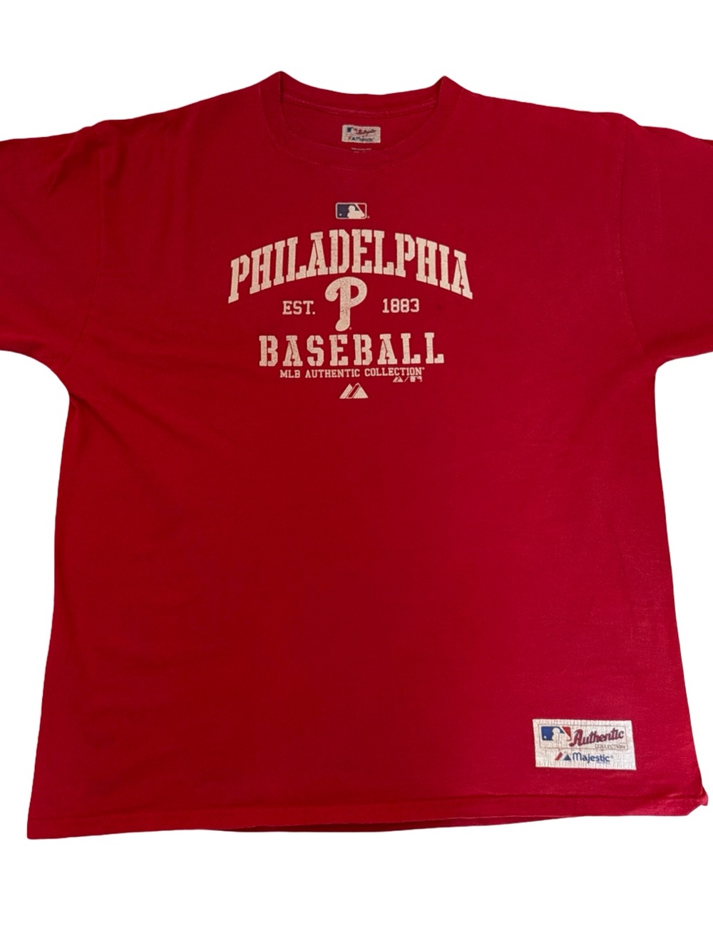 Majestic Red Philadelphia Baseball Graphic Tee with White Print